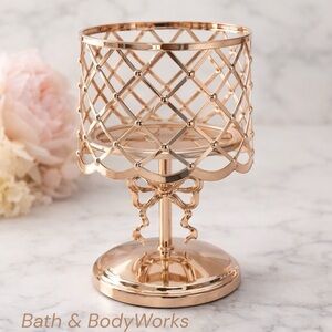 NWT Bath & Body Works Gold Pedestal Candle Holder Lattice Bow Glam Decor